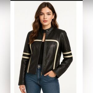 WILSONS Leather MAXIMA Vtg Y2K Black Moto Biker Racer Cafe Jacket Stripes Size L